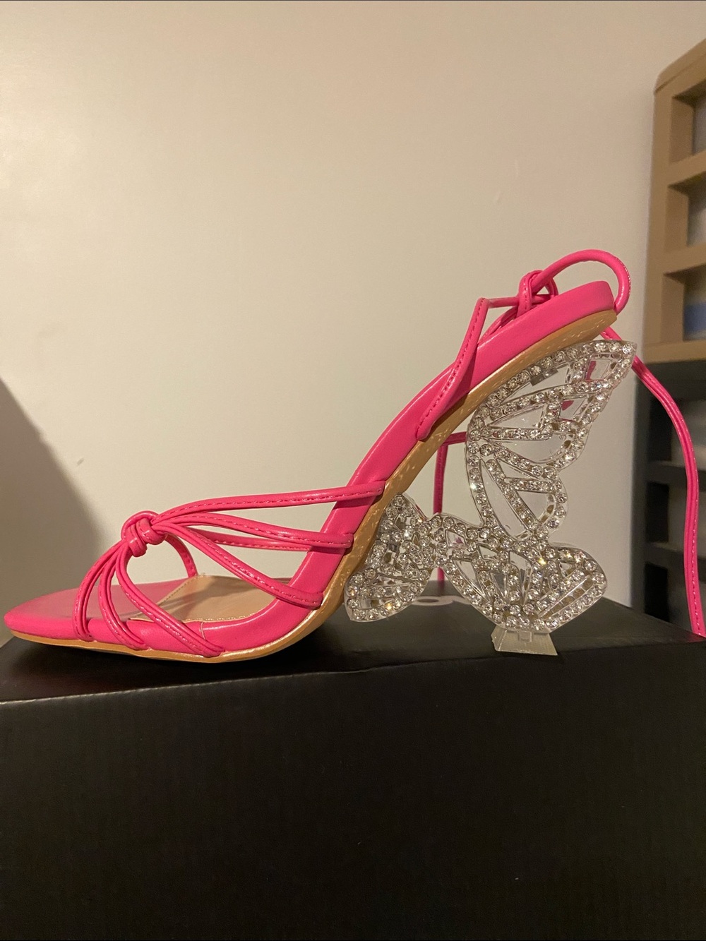 Fashion Nova Hot Pink Strappy Sandals with Crystal Butterfly Heel